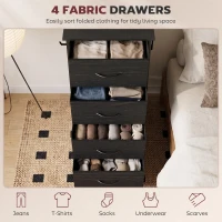 HOMCOM Chest of Drawers, Dresser with 4 Fabric Drawers, Tall Storage Unit with 4 Pockets and 2 Hooks, Steel Frame, Black(m-4)