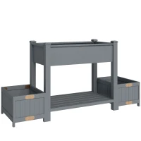 Outsunny Fioriera Rialzata con 2 Vasi Laterali e Ripiano per Attrezzi, in Legno di Abete, 149x46x76 cm, Grigio(m-1)