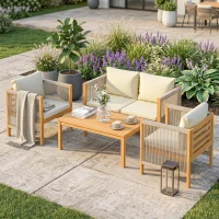 Outsunny Salon de Jardin Ensemble de Mobilier 4 Pièces en Bois d'Acacia Coussins Déhoussables et Corde Tressée Naturel(m-11)