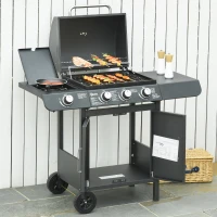 Outsunny 3+1 Burner Gas BBQ Grill, Outdoor Barbecue Trolley with Wheels, Warming Rack, Side Shelves, Cabinet, Thermometer for Garden, Party, Camping, 110W x 50D x 100Hcm, Grey(m-11)