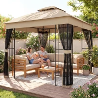 Outsunny 3 x 3 m Outdoor Garden Gazebo with Post Shelves, UPF50+ Double Roof Patio Permanent Pavilion, Brown(m-10)