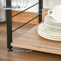HOMCOM Mobiletto Microonde da Cucina con 4 Ripiani e 4 Ganci, in Acciaio e Legno, 60x40x125 cm, Color Legno(m-6)