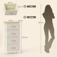 HOMCOM Comodă cu 4 sertare pliabile, 4 buzunare și 2 cârlige, din lemn, oțel și material textil, 45x30x94.5 cm(m-3)