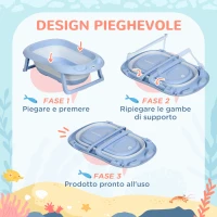 ZONEKIZ Vaschetta Bagnetto Pieghevole Bambini 0-6 Anni con Cuscino e 2 Ripiani, 83x48x23.5 cm, Blu e Bianco(m-4)