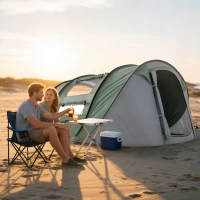 Outsunny Tenda da Campeggio Pop Up 3 Posti con 2 Porte, 4 Finestre e Telo Resistente all'acqua, 263.5x220x123 cm, Verde Scuro(m-10)