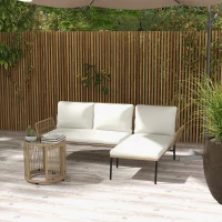 Outsunny Conjunto de Móveis de Jardim em Vime com Sofá de 2 Lugares Chaise Longue Almofadas e Mesa Auxiliar Creme e Madeira(m-2)