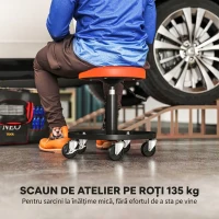 HOMCOM Scaun de atelier cu roți, scaun de mecanic, reglabil 38-50 cm, tavă pentru unelte, 135 kg, portocaliu(m-4)