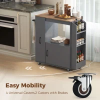 HOMCOM Kitchen Trolley on Wheels, Rolling Kitchen Island Cart with Power Outlet, Cabinet, Pull-Out Drawer, Grey(m-6)