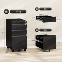 Vinsetto 3-Drawer Steel Filing Cabinet with Lock and Wheels - Black(m-3)