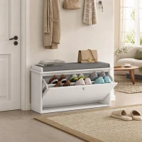 HOMCOM Banco Sapateira Moderno de Madeira com Prateleiras Ajustáveis e Almofada Acolchoada para 8 Pares de Sapatos 80x26x44,5 cm Branco(m-8)