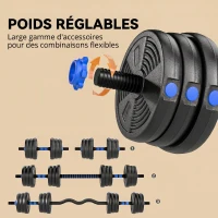 SPORTNOW Kit Haltères Musculation Haltères Réglables 25 kg 3 en 1, Ensemble de Poids Réglable avec Barre d'Extension Bleu(m-5)