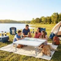 Outsunny Table pliante en HDPE, table de camping pliante carrée 86 x 86 x 74 cm, avec une poignée, hauteur réglable, blanc(m-11)