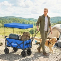 Outsunny Carro Plegable con Toldo Desmontable Longitud y Ángulo del Mango Ajustables y Bolsa de Transporte Carga 100 kg Azul(m-2)