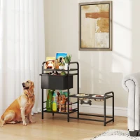 PawHut Comedouro Elevado para Cães com Gaveta em Tecido 2 Taças de Aço Inoxidável 2x800 ml Altura Ajustável 2 Prateleiras 89,5x27x74 cm Preto(m-10)