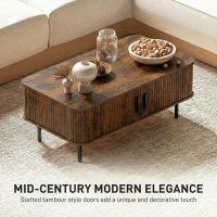 HOMCOM Coffee Table with Storage, Living Room Table with Slatted Tambour Sliding Doors and Adjustable Foot Pads, Rectangular Coffee Table with Elevated Base for Living Room, Rustic Brown(m-4)