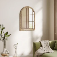 HOMCOM Modern Wall-Mounted Mirror, Arched Wall Mirror with Grooved Edge for Living Room, Entryway, Hallway, Brown(m-9)