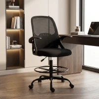 HOMCOM Cadeira Escritório Ergonómica em Rede, Suporte Lombar e Apoia-pés Reguláveis, Apoios de Braço Rebatíveis, Preta(m-6)