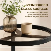 HOMCOM Round Side Table with Tempered Glass Top and Geometric Metal Frame for Small Space, Black(m-5)
