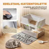 PawHut XL kattenbak van roestvrij staal met deksel, hoge zijkanten, schep, borstel en mat, voor kittens tot 8 kg, lichtgrijs(m-4)