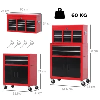 HOMCOM Tool Chest, Metal Tool Cabinet on Wheels with 6 Drawers, Pegboard, Top Chest and Roller Cabinet Combo, 61.6 x 33 x 108cm, Red and Black(m-3)