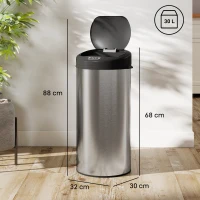 HOMCOM Poubelle de cuisine automatique 30 L en acier inoxydable, couvercle à fermeture en douceur, 32 x 30 x 68 cm, argent(m-3)