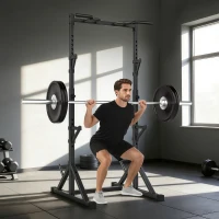 SPORTNOW Rack pentru genuflexiuni reglabil cu suport dublu, suport pentru discuri și bară pentru tracțiuni, din oțel, 112-100x201-217 cm, negru(m-2)