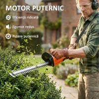Outsunny Trimmer pentru Gard Viu pe Baterie 18V, Trimmer pentru Grădină cu 2 Baterii de 4Ah, Încărcător, Târnă Telescopică Reglabilă din Aluminiu, Lamă Cu Acțiune Dublă de 51cm pentru Ramuri, Portocaliu(m-4)