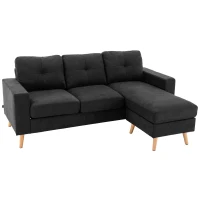HOMCOM Divano 3 Posti ad Angolo con Penisola Reversibile e Cuscini, in Tessuto Effetto Lino, 193x136x85 cm, Nero(m-1)