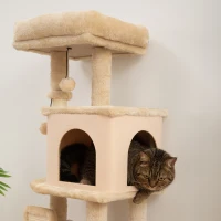 PawHut Albero per Gatti Multilivello Alto 104 cm con Casetta, Lettino, Pali Tiragraffi, Spazzola e Pallina, Beige(m-8)