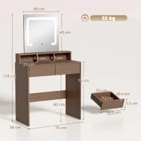 HOMCOM Vanity Table, Dressing Table with Mirror, LED Lights, 2 Drawers, 3 Compartments, 3 Colour Lighting, Walnut(m-3)