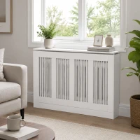 HOMCOM Cobertura para Radiador em MDF com Ripas e Prateleira para Sala e Quarto 120x18x84 cm Branco(m-4)