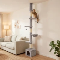 PawHut Floor to Ceiling Cat Tree, 230-250cm Multi-Level Cat Tower with Adjustable Height, Scratching Posts, Condo, Platforms(m-9)