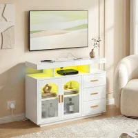 HOMCOM High Gloss Sideboard with LED Lights, Built-in Power Outlets, 3 Drawers, Shelves and 2 Acrylic Doors, White(m-8)