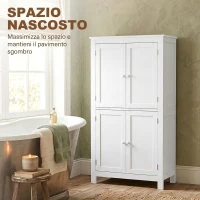 HOMCOM Mobile Bagno con 4 Ante e Ripiani Regolabili, per Lavanderia Salotto Soggiorno Cucina, 60x30x110 cm, Bianco(m-4)