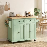 HOMCOM Rolling Kitchen Island Storage Trolley with Rubber Wood Top & Drawers for Dining Room, Light Green(m-9)