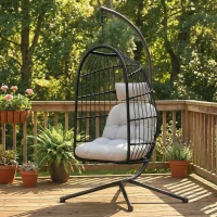 Outsunny Fauteuil Œuf Suspendu Pliable avec Support Coussin 15cm et Appui-tête Gain de Place Résine Tressée 101x105x196cm Gris(m-15)