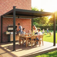 Outsunny 3 x 3 m Louvered Pergola with Solar LED lights, Metal Roof, Patio Gazebo Pergola Canopy with Drainage Gutters, Black(m-8)