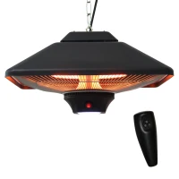 Outsunny Calefactor Exterior 1000/2000W Estufa Colgante de Techo Infrarrojos Halógeno con Control Remoto y Luz LED 43x43x25 cm Negro(m-12)