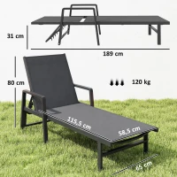 Outsunny Chaise Longue Jardin en Textilène et Aluminium, Réglable à 4 Positions avec Roues et Accoudoirs, 65x189x80cm, Gris Foncé(m-3)