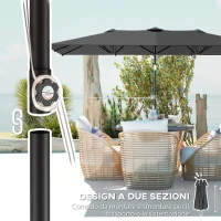 Outsunny Ombrellone Doppio Inclinabile e Regolabile con Cordicella, in Poliestere e Metallo, 150x295x170-214 cm, Grigio(m-8)