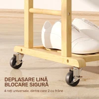 HOMCOM Servomut 4 în 1 pe roți, cu 2 bare, tavă pentru chei și raft pentru pantofi, din bambus, 47x33,7x105,5 cm(m-5)