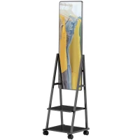 HOMCOM Oglindă Verticală de Podea cu 2 Rafturi și 4 Roți, din Oțel și Lemn, 42x37x155 cm, Negru(m-12)