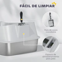 PawHut Arenero para Gatos de Acero Inoxidable XL con Borde Alto Pala Fácil de Limpiar Prueba de Fugas 60,2x40,2x29,7 cm Gris(m-8)