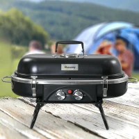 Outsunny Foldable Gas BBQ Grill, 2-Burner Table Top Barbecue with Lid, Piezo Ignition, Thermometer for Camping, Picnic Cooking - Aluminium Alloy(m-10)