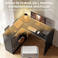 HOMCOM Birou în Formă de L cu Raft și Sertar din Țesătură, 110x100x75 cm, Negru(m-4)