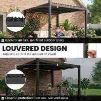 Outsunny 3 x 3 m Louvered Pergola with Solar LED lights, Metal Roof, Patio Gazebo Pergola Canopy with Drainage Gutters, Black(m-5)