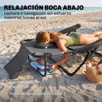 Outsunny Espreguiçadeira Dobrável Encosto Ajustável Orifício de Leitura Almofada de Apoio e Braços Carga 120 kg 145x72x89 cm Cinzento Escuro(m-4)