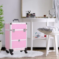 HOMCOM Valise trolley maquillage mallette cosmétique vanity poignée télescopique réglable 34L x 25l x 62H cm alu. rose(m-10)
