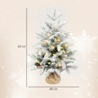 HOMCOM 60 cm Prelit Small Christmas Tree with 35 LED Lights, Snow Flocked Tabletop Mini Xmas Tree with Pine Cones, Berry Clusters and Linen Cover Base, Battery Operated, Green(m-3)