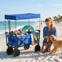 Outsunny Carro Plegable con Toldo Desmontable Longitud y Ángulo del Mango Ajustables y Bolsa de Transporte Carga 100 kg Azul(m-8)
